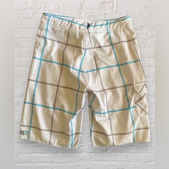Rip Curl Men's Swim Boardshorts Size 33 White Blue Checker Pocket Lace-Up Close - Picture 2 of 6